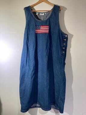 VTG 90s Sunshine Apparel American Flag Denim Jumper Dress Plus Size 3X Cotton